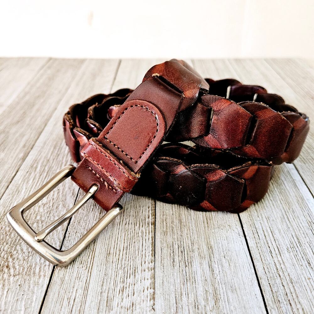 Men's Size 38 Brown Braided Woven Genuine Leather Silver Toned Buckled Belt Made